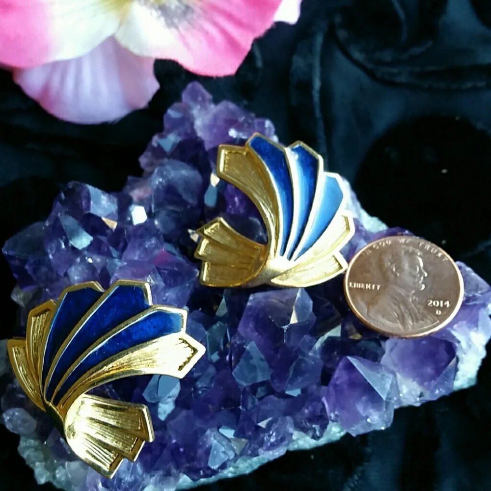 Vintage blue enamel and goldtone earrings